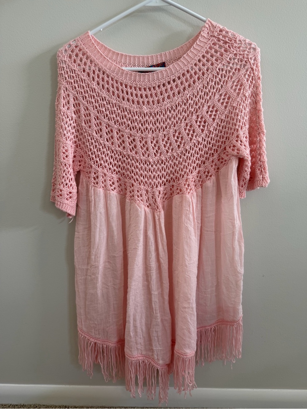 Selfie Couture Pink Crochet Lace Fringe Boho Tunic Top Small